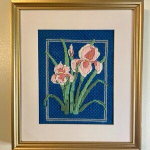 Vintage 1980s Framed Pink Iris Floral Long Stitch Crewel | Yarn Embroidery Art